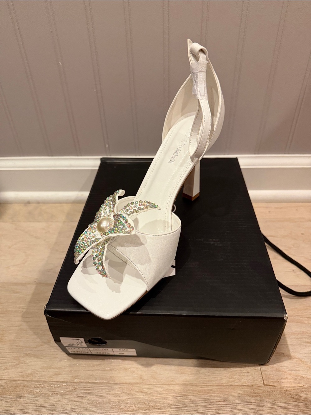 White Pearl & Crystal Bow Block Heel Sandal